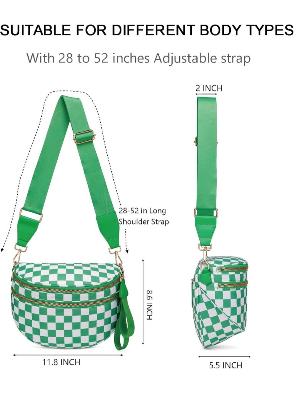 Women's Green Spacious Checkered Double-Zipper Compartment Fashion Crossbody Bag - Picture 3 of 6